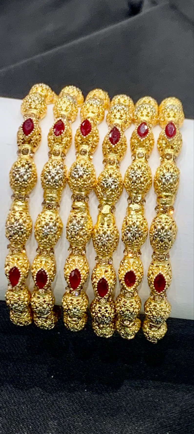 Elegant Gold Plated Bangles with Red Stones – Set of 6