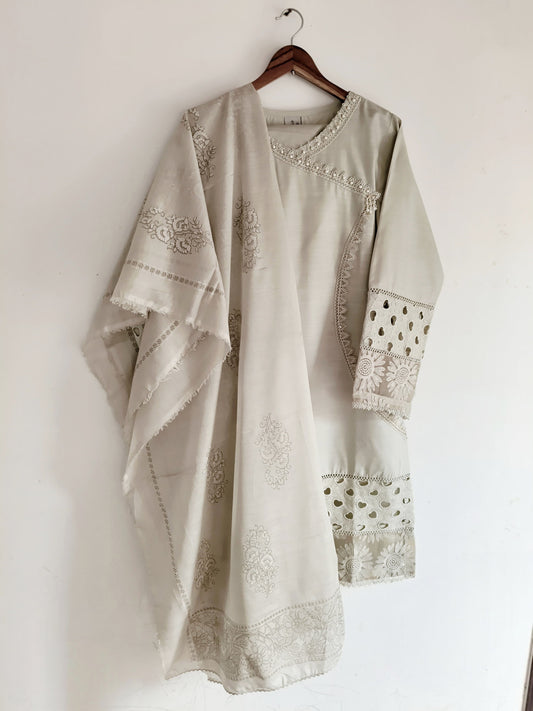 3 Piece Embroidered Lawn Suit  light Beige