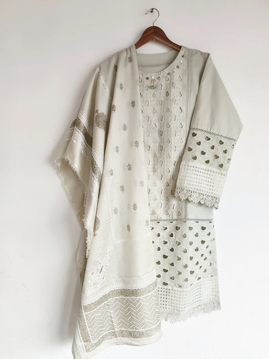 Embroidered  3-Piece Lawn Suit  Light beige.