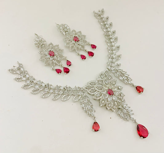 Elegant Silver Plated Jewelry Set with Red Stones – Necklace & Earrings