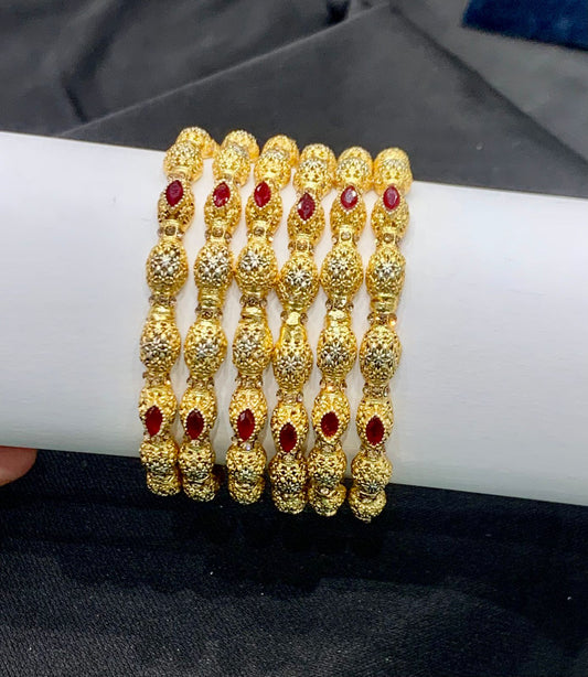 Elegant Gold Plated Bangles with Red Stones – Set of 6