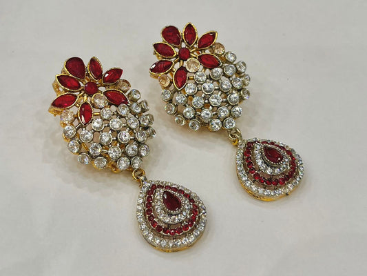 Luxury Red & White Crystal Drop Earrings – Elegant Artificial Jewelry for Women